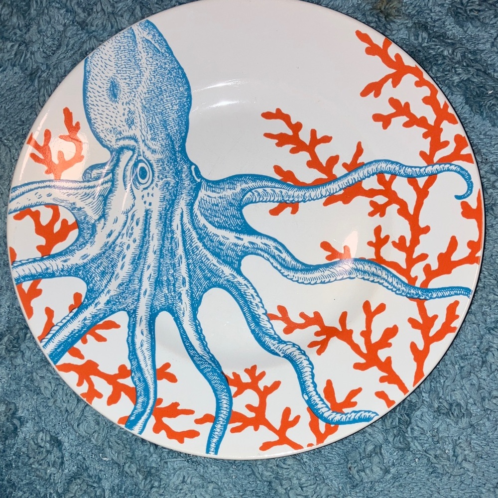 222 Fifth Blue and Orange Octopus Plate 8.5”